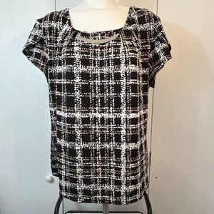 NY Collection Black Tan Blouse Top Pleated Silver Hardware Womens XL Scoop Neck